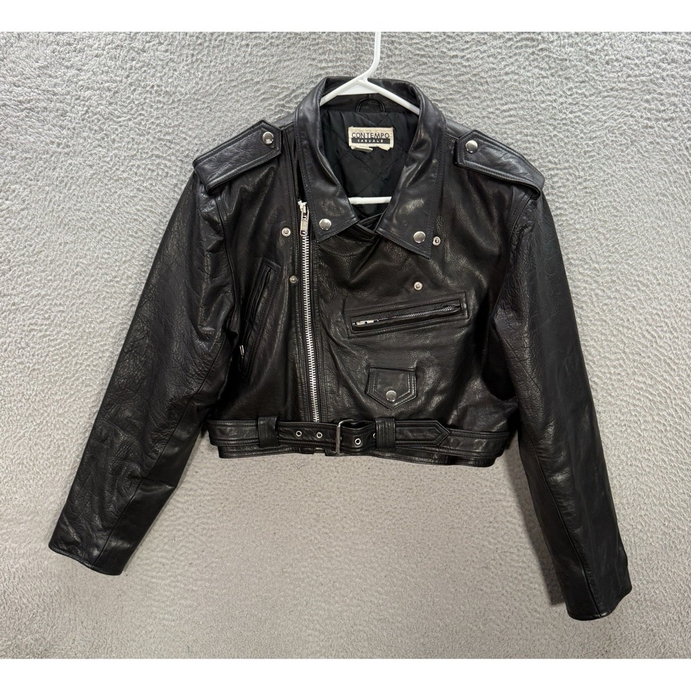 Vintage Contempo Casuals Jacket Womens Medium Black Leather Cropped Biker Y2K